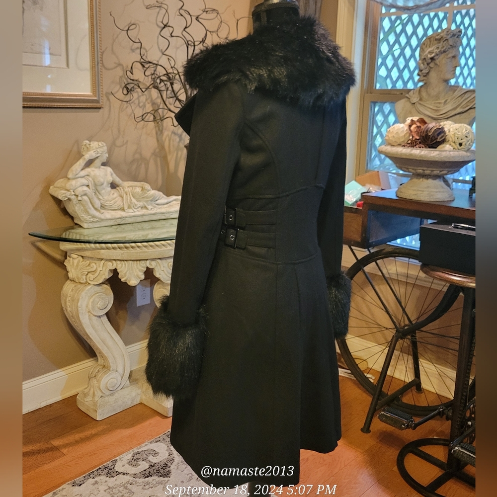 Bebe Wool Blend Jacket Faux Fur Collar Faux Fur Sleeve Cuffs Designer Luxury 62 - Picture 10 of 14